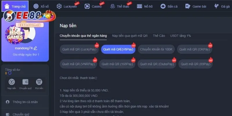 Quy trình nạp tiền EE88 vừa tiện vừa nhanh chóng